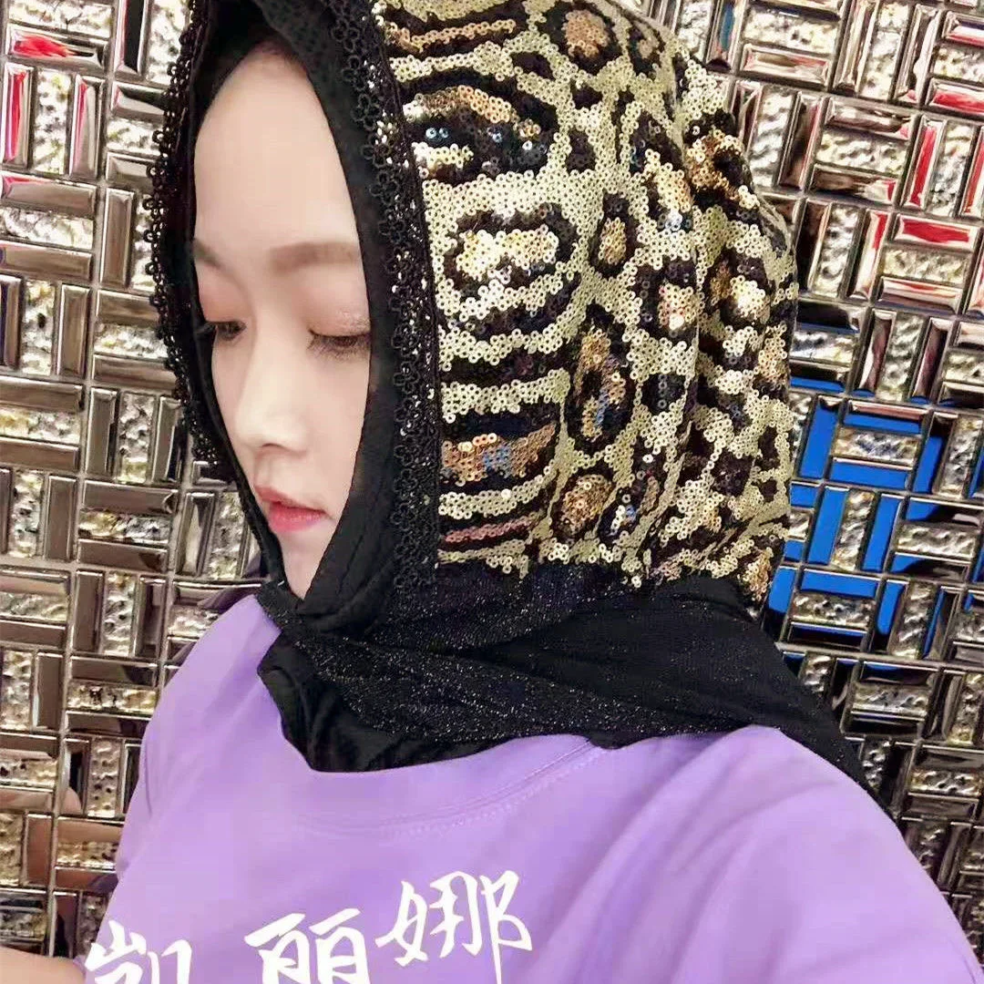 Леопардовый дизайн блестки Мусульманские Исламские шали для женщин и девочек