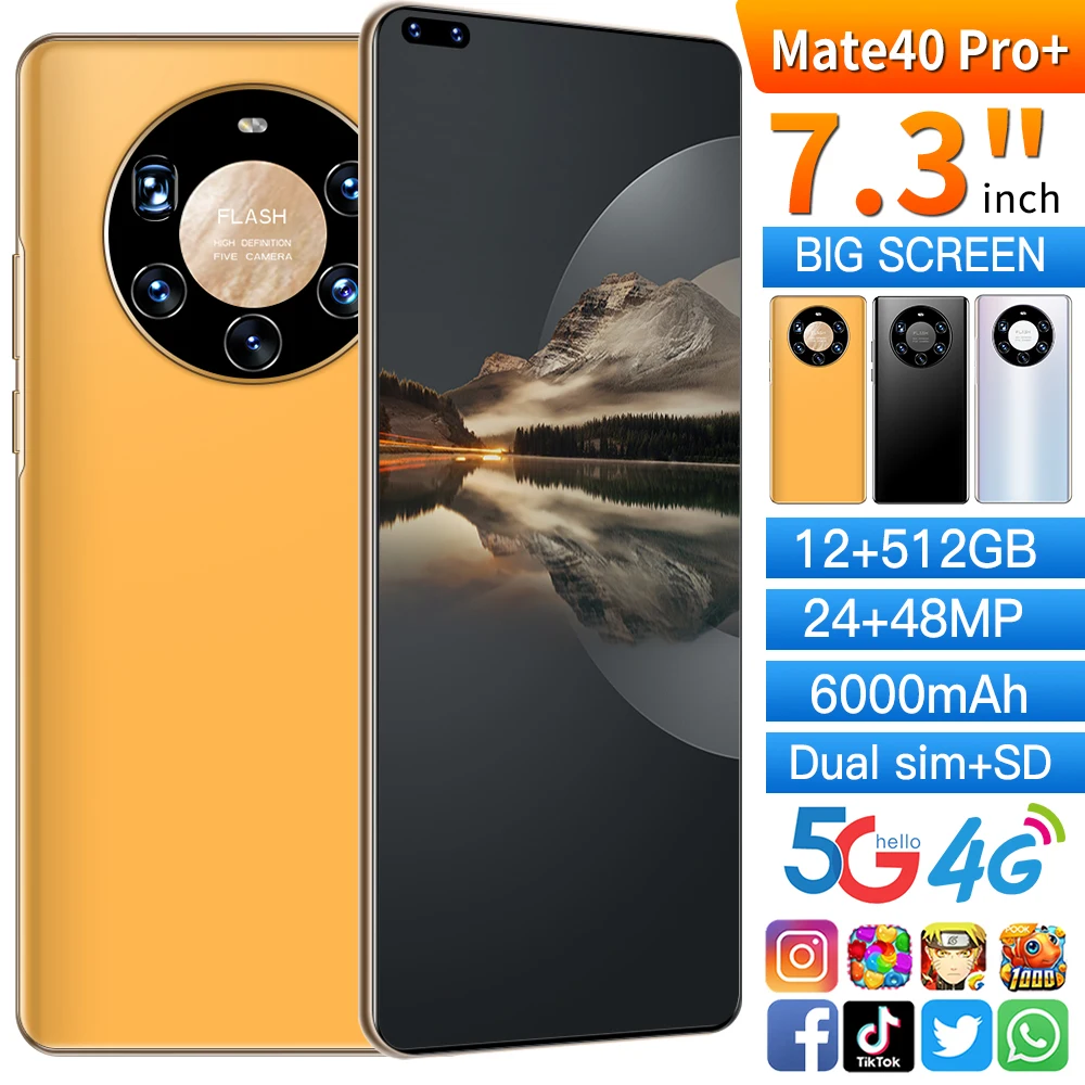 

Global version Mate 40 Pro+ 7.3 inch facial recognition fingerprint unlock Android 10.0 face ID phone MTK6889 smartphone
