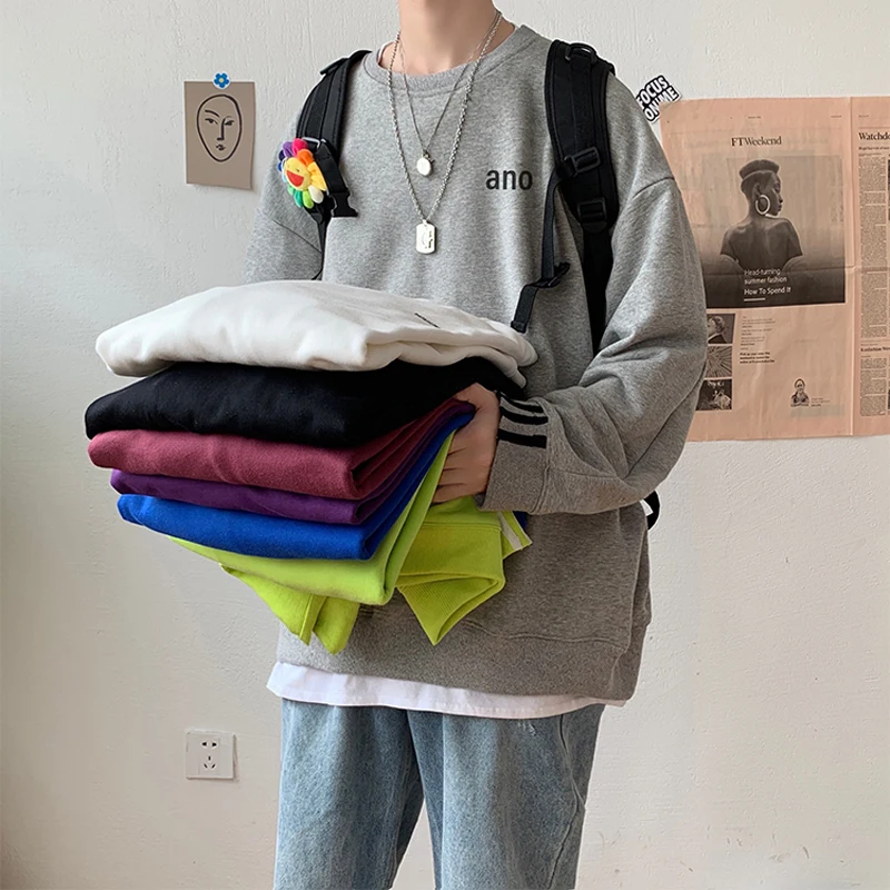 Корейская мужская мода Круглый Вырез Свободный оверсайз Толстовка Harajuku