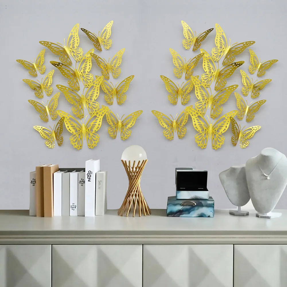 

12Pcs 6/8/12cm 3D Butterfly Wall Stickers Removable Hollow Simulation Butterfly Wall Sticker Home Room DIY Bling Decoration