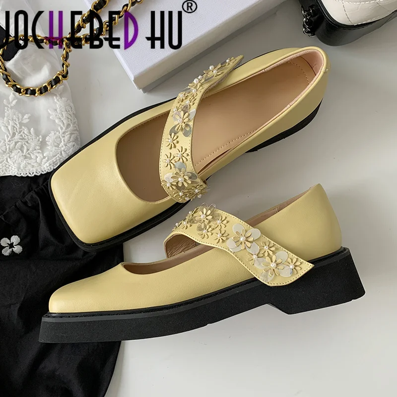 

【JOCHEBED HU】2021 Spring Autumn String Bead Flat Heels Cow Patent Women Shoes Square Toe Shallow Female Flats Shoes Size 33-40