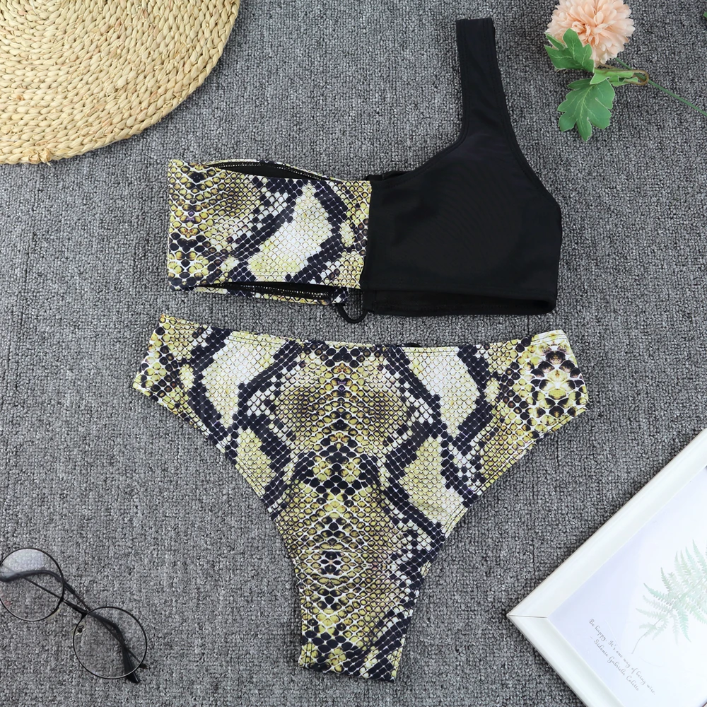 

TW210 Factory Wholesale High Waist Bathing Suit Snakeskin Print One Shoulder Women Swimwear Two Piece Bikini 2021 women