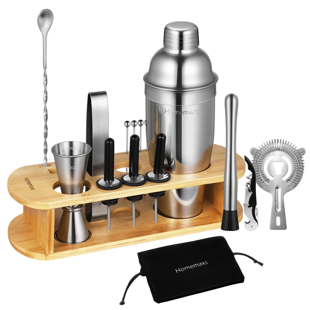 

HOMEMAXS 17PCS/set Cocktail Making Tools Stainless Steel Cocktail Shaker Set with Stand Plus Recipe Professional Bar Set Straine