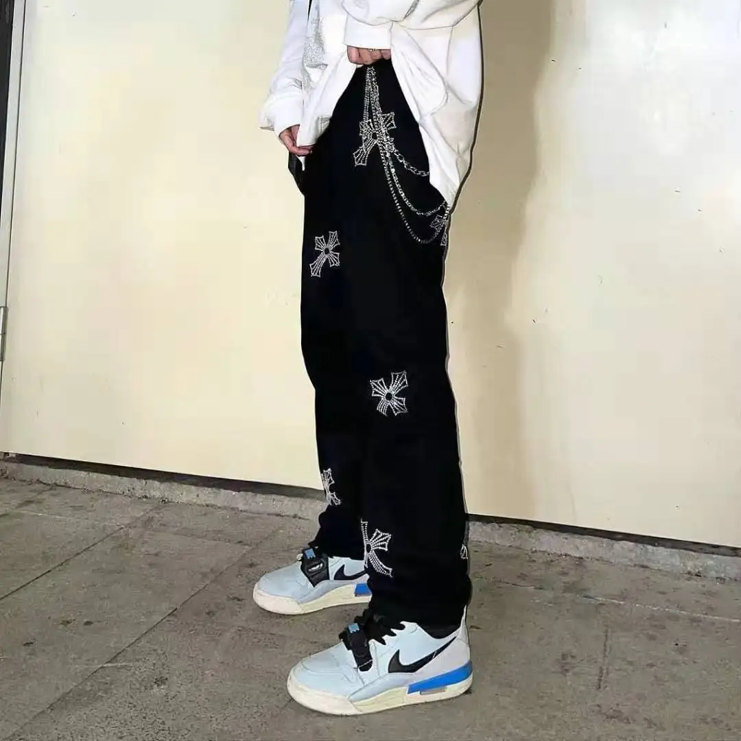 

New 2021 hiphop brand printed cross overalls casual loose retro high waist trousers streetwear gothic pants for men and women