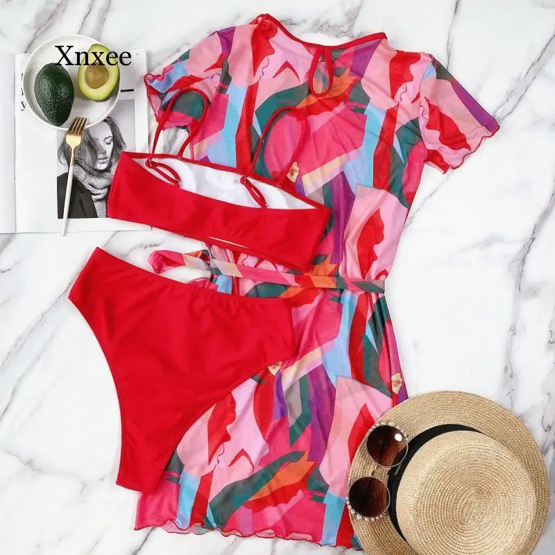 

2021 New Solid Bikini with Cover Up 3 Piece Set High Waist Geometric Print Dress Swimsuit Sexy Women Beach Swimwear Bathing Suit