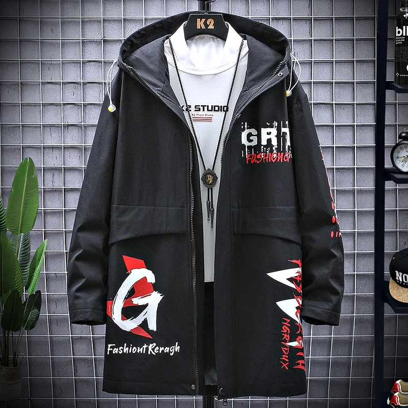 

New Korean Men's Windbreaker Jackets Men Long Trench Coat Printed Cardigan Casual Hooded Coats Male 3 Color M-3XL