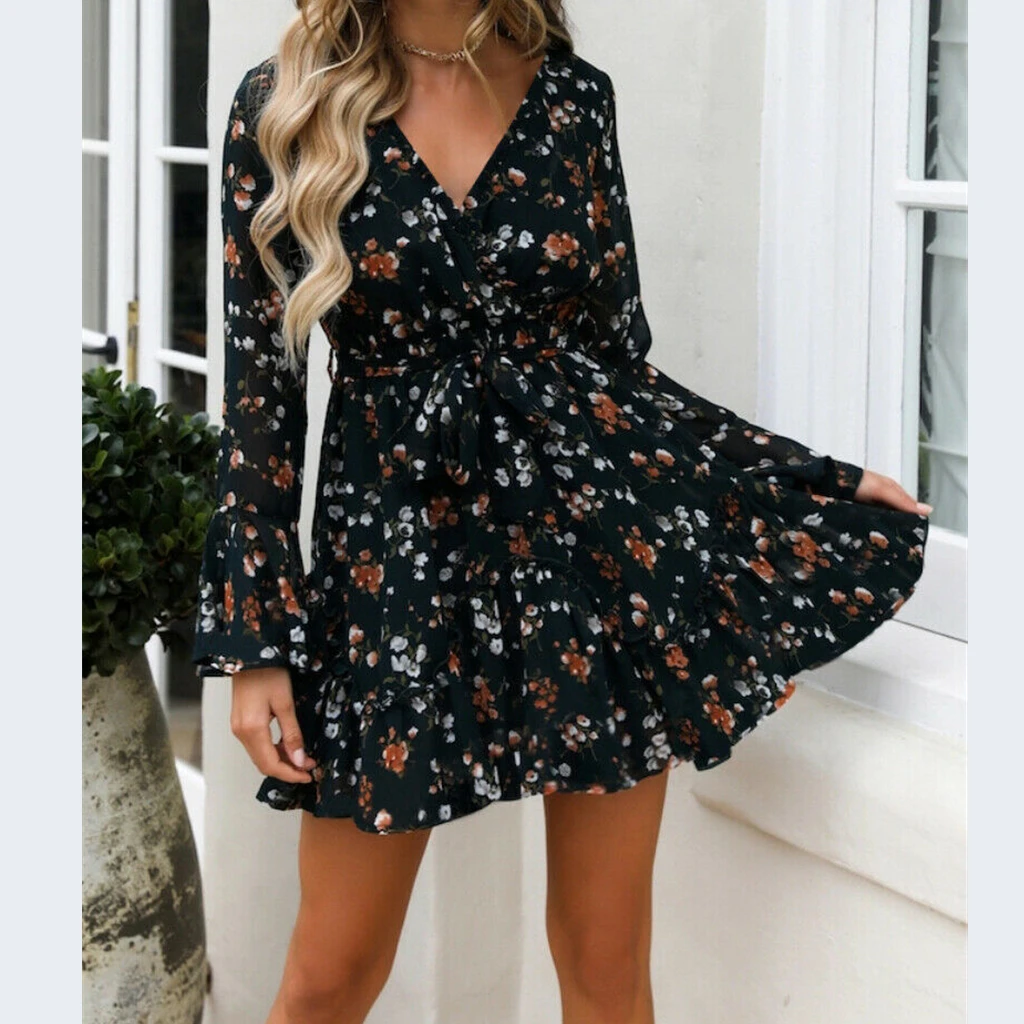 

New Vintage Women Floral Dress Long Sleeve V-Neck Dots Flowers Party Cocktail Mini Ruffled Dress Bandage Belt A-Line Autumn