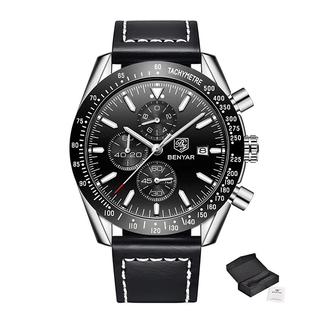 silver black Новинка, мужские часы BENYAR, деловые, полностью стальные, кварцевые, Топ бренд, Роскошные, повседневные, водонепроницаемые, спортивные, мужские наручные часы, Relogio Masculino - Цвет: silver black