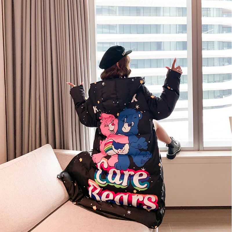 Зимняя мода 2020 длинные пальто с капюшоном мультяшным принтом женские толстые