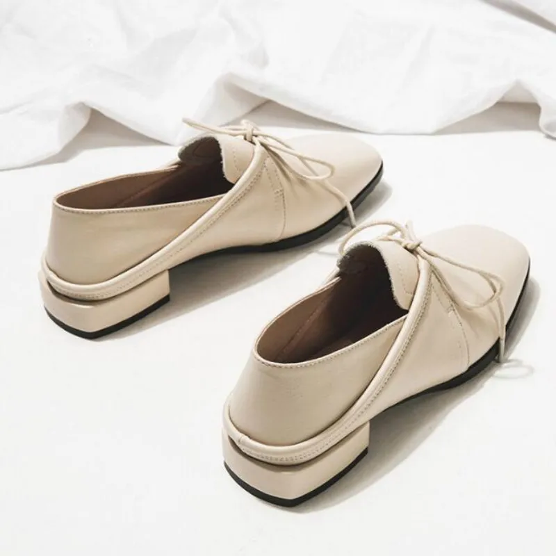

2020 Women's shoes new spring lazy flats wild casual deep mouth square head comfortable inside lace up female footwear