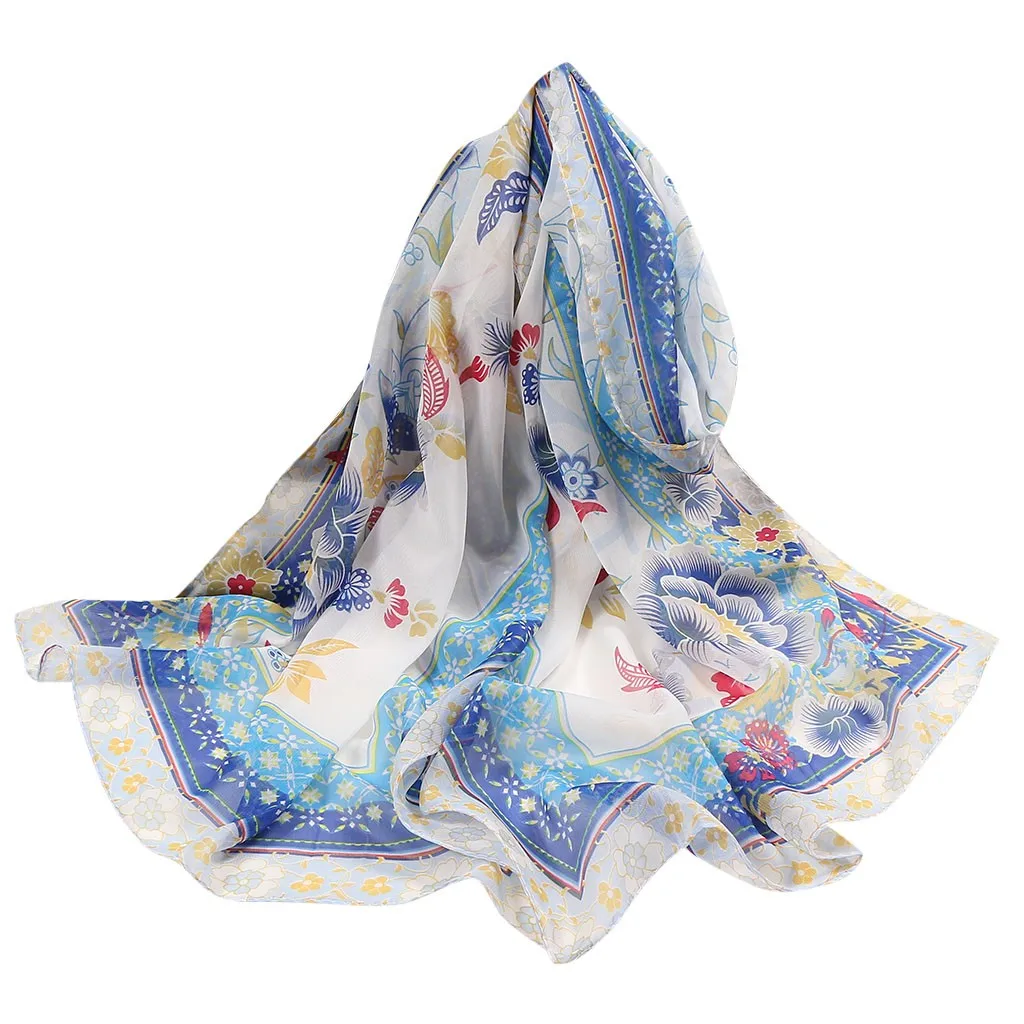 

New Fashion Women Silk Scarf Flower Printing Scarves Long Soft Wrap Simulation Silk Shawl Bandana Ladies Beach Scarf Shawl