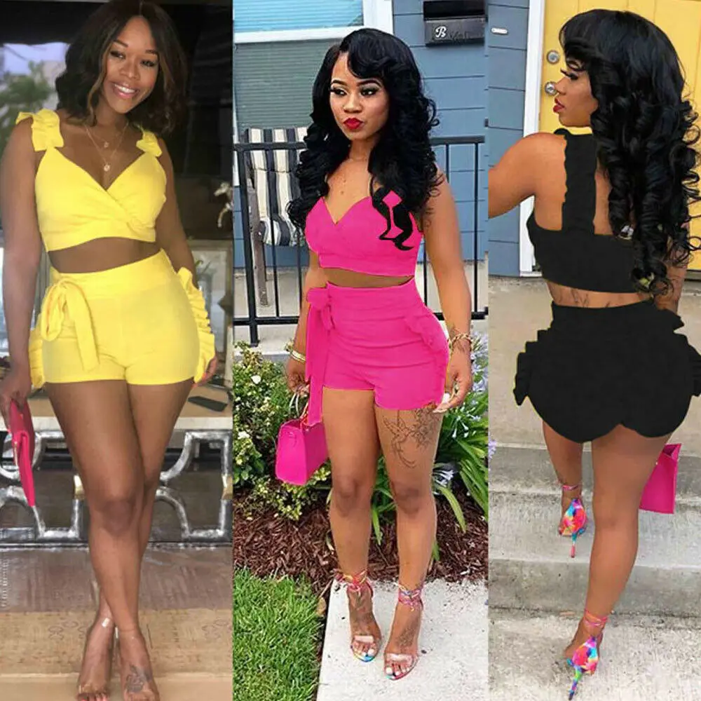 

Two Piece Set 2020 Summer Women Crop Tops High Waist Shorts 2pcs Ruffles Bow Outfits Ladies Yellow Slim matching Clothes Sets