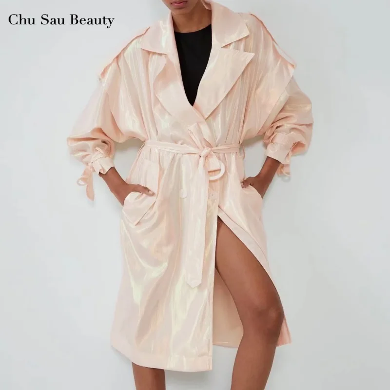 

Новая Женская осенне-зимняя модная ветровка средней длины ZA с поясом, ветровка с костюмным воротником и радужным эффектом