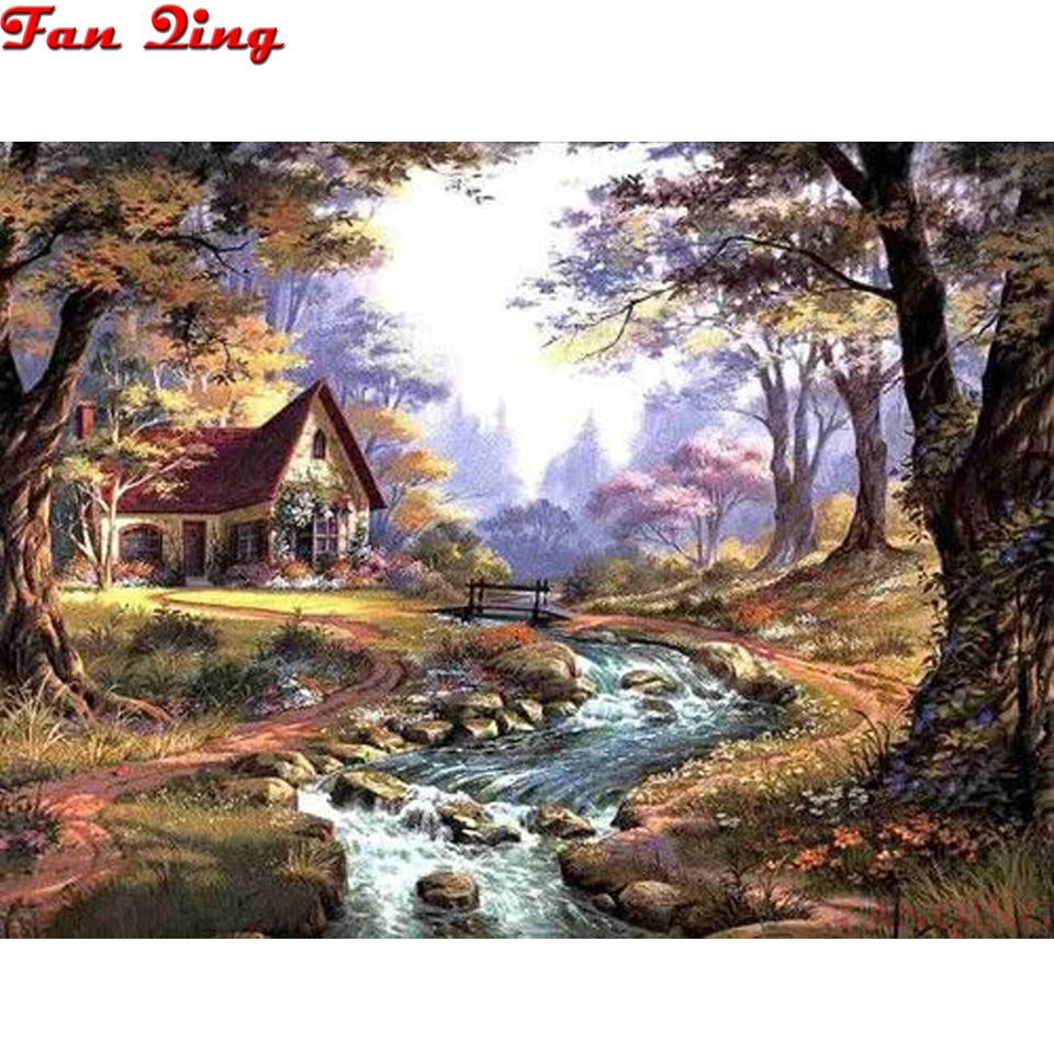 

100% Full 5D Diy Diamond Painting Forest Creek House 3D Cross Stitch Round square Rhinestone Diamond embroidery mosaic picture