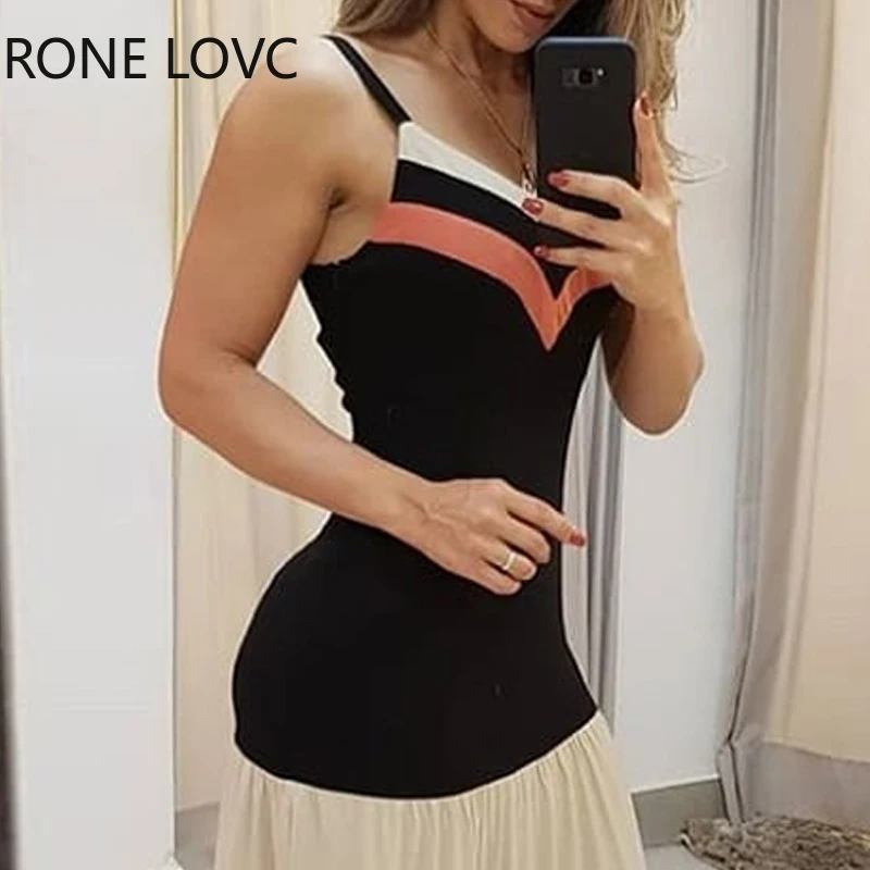 Женское платье макси на тонких бретельках с цветными блоками элегантное модное