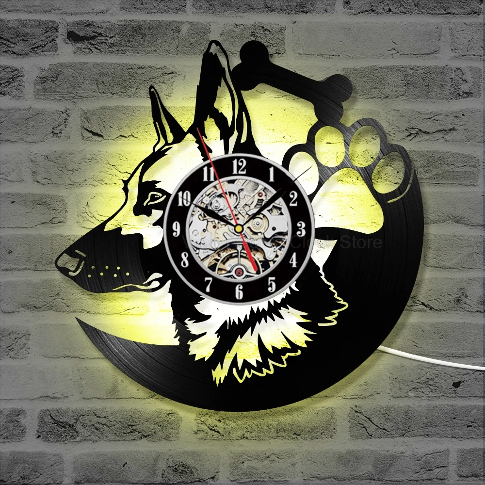 German Shepherd Dog Record Clock Luminous LED Clocks for Living Room Vinyl Hanging Watch Lighting Amimal Decor | Дом и сад