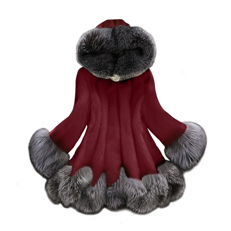 Бургундия Большие размеры 6X пальто из искусственного меха женские плюшевые толстые теплые пальто с капюшоном лисы элегантные осенние зимние меховые куртки с карманами верхняя одежда - Цвет: Бургундия