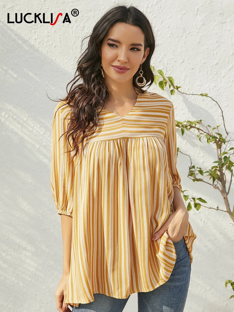 

Lucklisa Half Sleeve Blouse V-Neck Pleated Stripe Top Women Loose Babydoll Blouse Women Yellow Autumn New Elegant Fashion Top