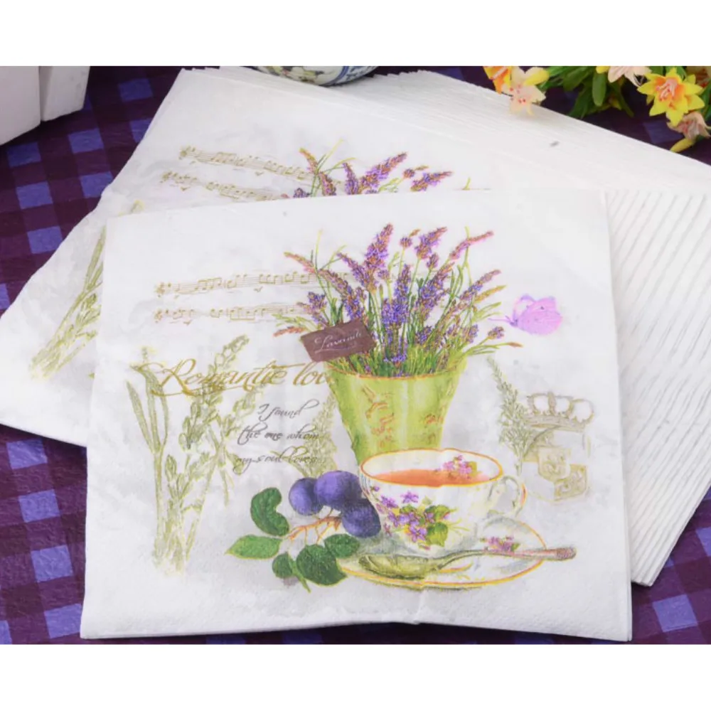 

10pcs Food-Graded Purple Lavender Flower Vase Printed Napkin Paper Virgin Wood Tissue For Wedding Party Decoration