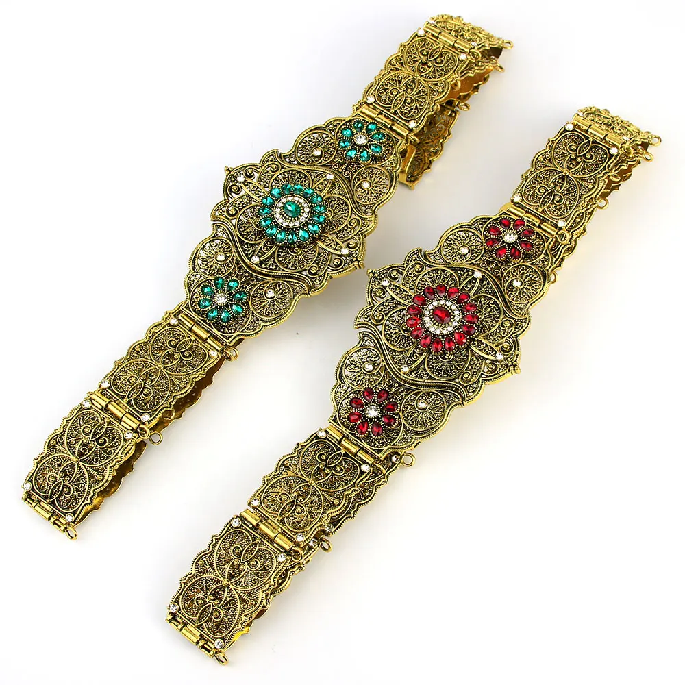 Sunspicems Retro Gold Color Morocco Women Belt Green Crystal Adjustable Length Arab Robe  Dress Caftan Beide Waist Chain Belt