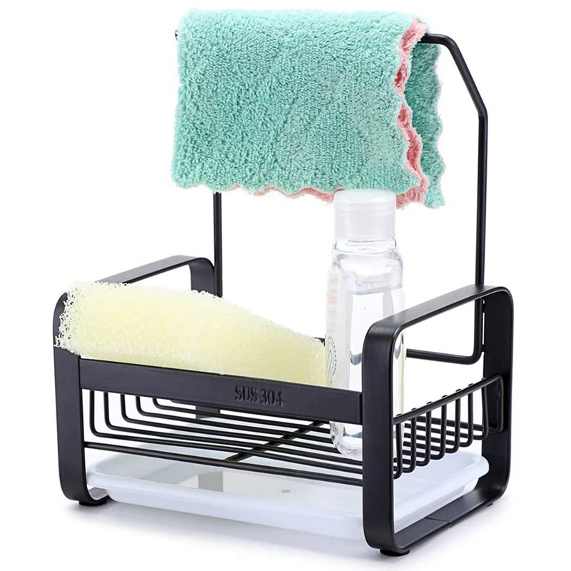 

Stainless Steel Sponge Holder with Dishcloth Drying Rack Kitchen Sink Organizer Caddy Tray Sponge Brush Soap Holder