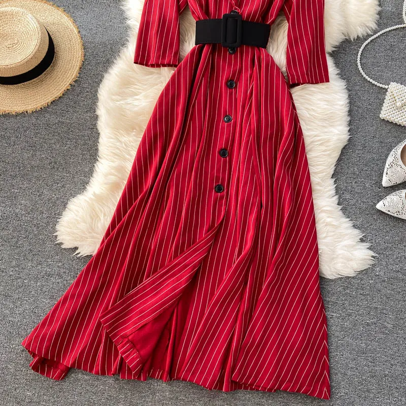 

Autumn Winter Women's Notched Collar Single Breasted Striped Long Dress Female 3/4 Sleeve Beige/Green/Red Vestidos With Sashes