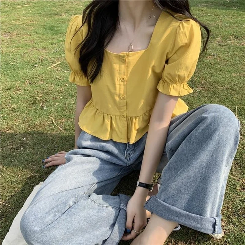

3 Colors Shirts Women Korean Style Cute Mellow Tender Popular Slim Square Collar Holiday Lovely Ruffles Puff Sleeve Ins Crop Top
