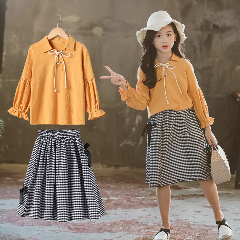 Комплекты для девочек Осенняя детская одежда желтая рубашка с отложным