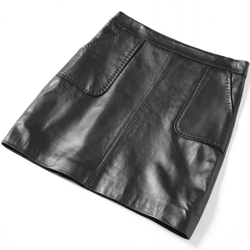Classic Black Genuine Leather Skirts Womens Fashion High Waist Real Sheepskin Sexy Mini Skirt Plus Size Women Streetwear Clothes