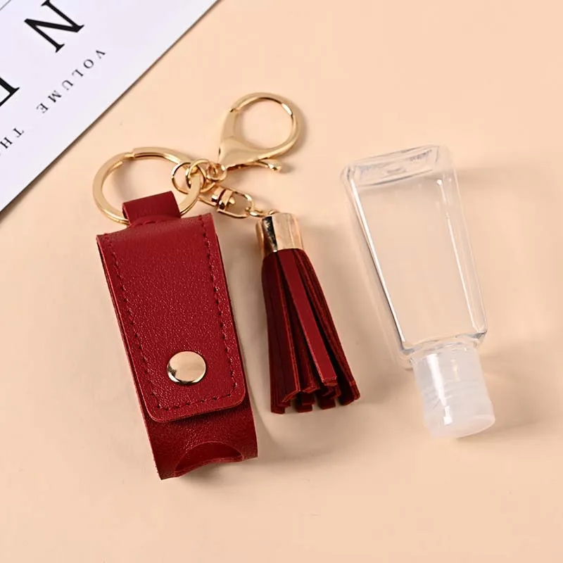 

30Ml Pu Leather Hand Sanitizer Holder Portable Empty Leakproof Plastic Travel Bottle with Tassels Keychain Holder Carriers