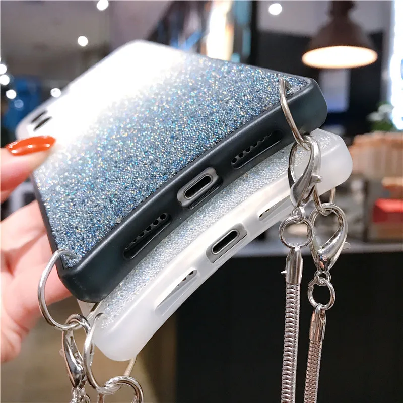 

Glitter Gradient Bling Phone Case For iPhone SE 2020 11 Pro XR XS MAX X 6 6S 7 8 Plus Back Cover With Silver Metal Chain Lanyard