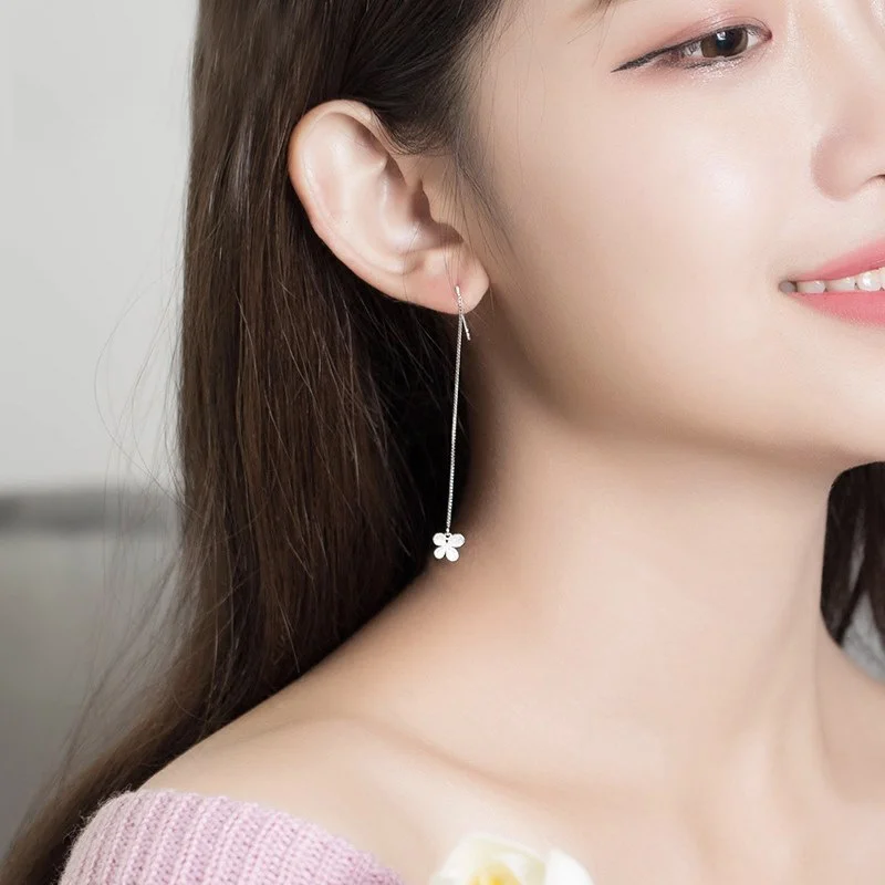 Женские серьги подвески с длинными кисточками серебряного цвета S925 в