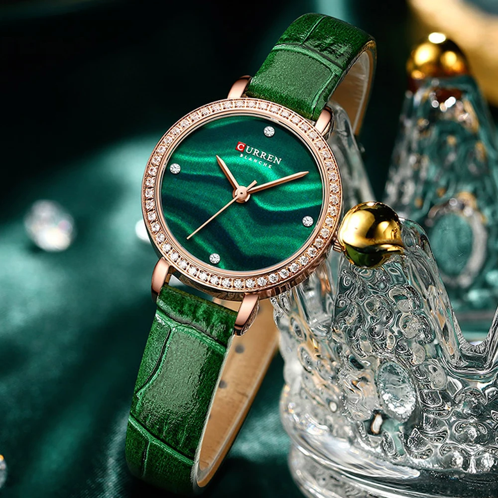 

Fashion Green Leather Watch for Women Curren Luxury Brand Quartz Wristwatch Woman Rose Gold Womens Watches Bling Crystal Clock