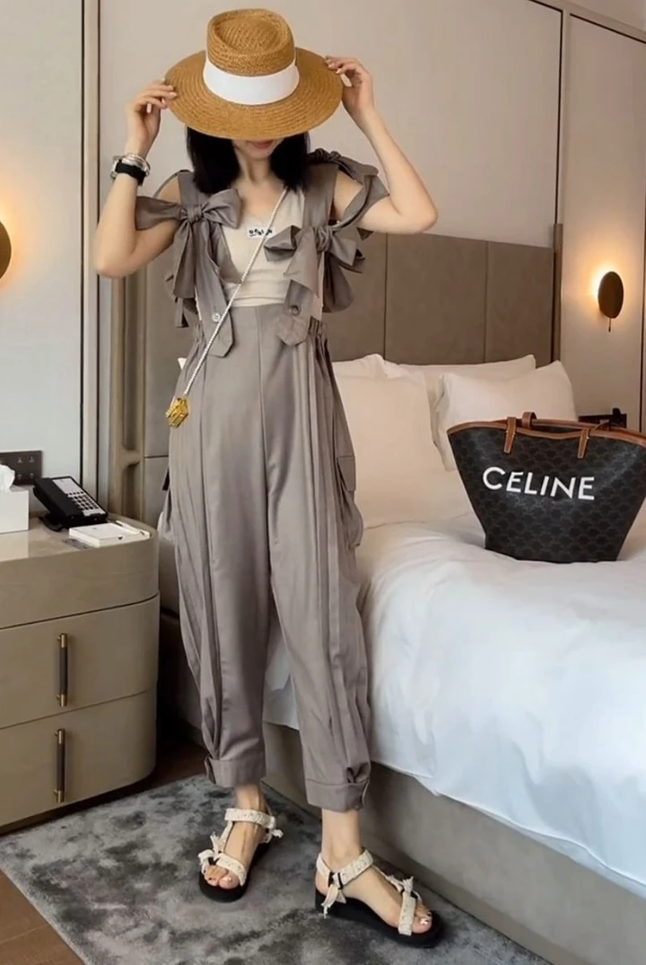 

QING MO Women Bow Overalls Pants 2021 Summer Women High Waist Slim Pants Female Personality Harem Pants ZQY7162