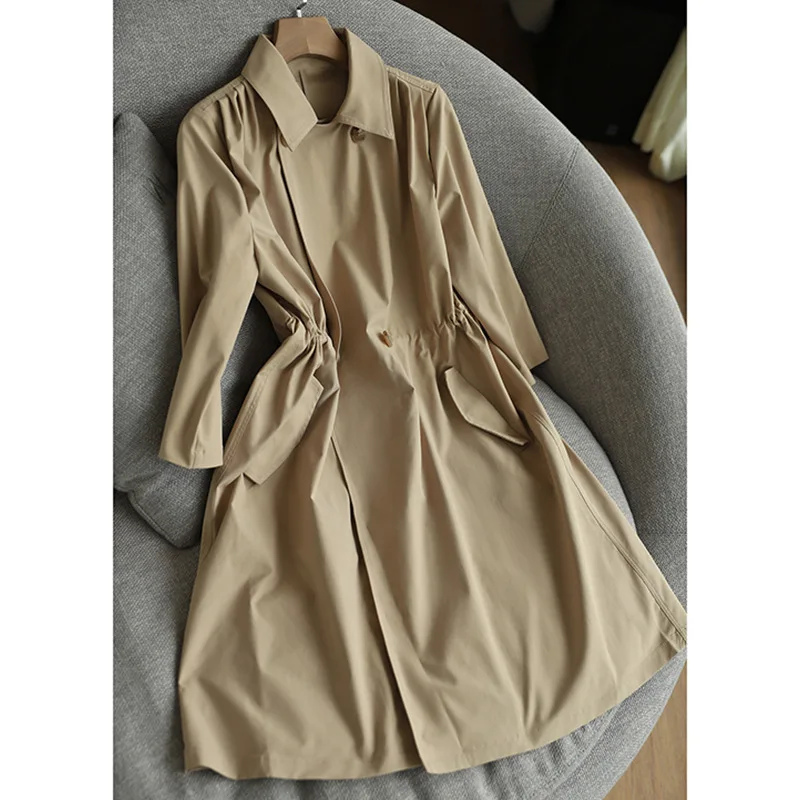

Lightweight Women Trench and Crisp Drawstring Track Design Is Thinner Mid-length Trench Coat