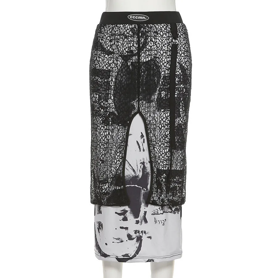 

High-Waisted Skirt Midi Straight Bodycon Elastics Gauze Lace Patchwork Print Streetwear Gothic Clothes Women's Skirt 2021 Summer