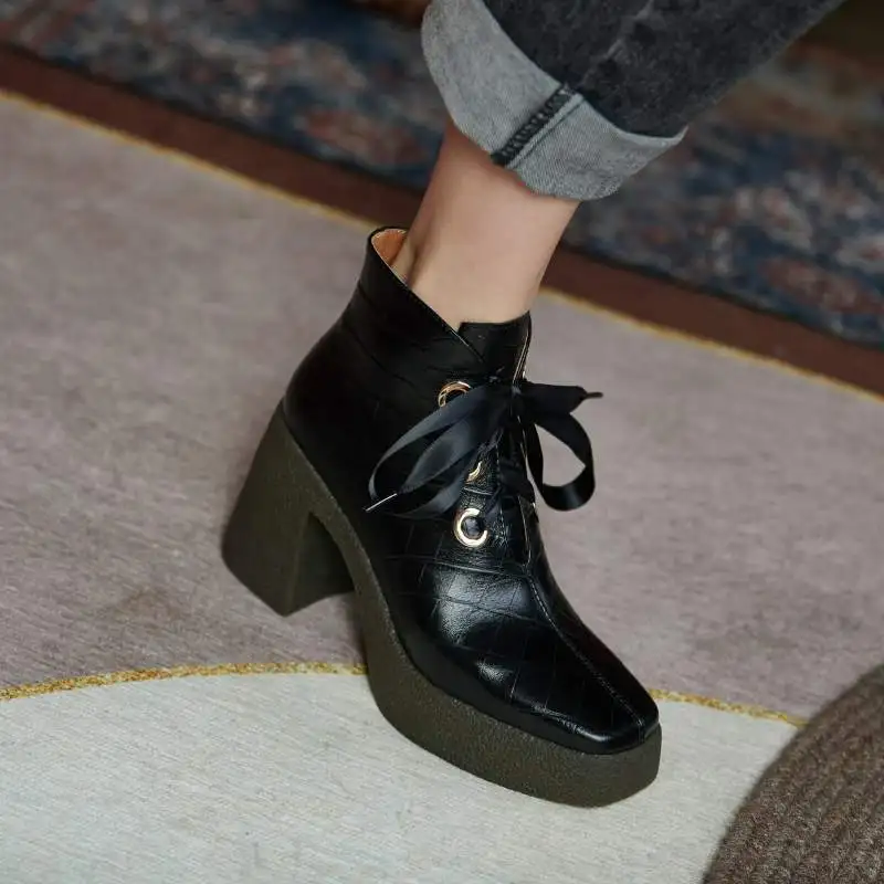 Jual Sepatu Bot Platform Ujung Bundar Yang Diikat Silang Kulit Sapi Panci Krazing Sepatu Bot Pergelangan Kaki Cantik Gladiator Print Ginham Hak Tinggi Tebal