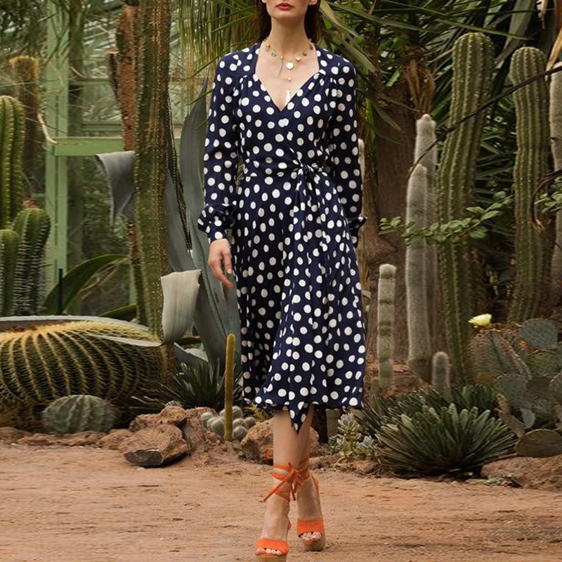 

2021 Autumn Designer Dress Women Blue Dot Printed Long Sleeve High Quality Elegant Slim Belt Party Dresses