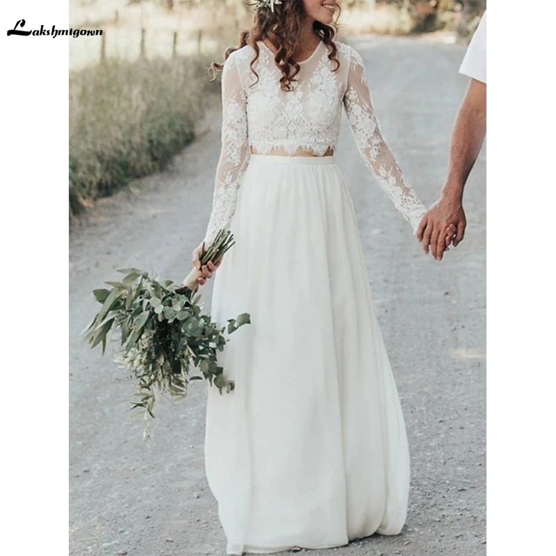 

Свадебное платье трапециевидной формы 2020 с круглым вырезом SweepTrain, кружевное шифоновое платье с длинным рукавом, Пляжное богемное сексуальн...