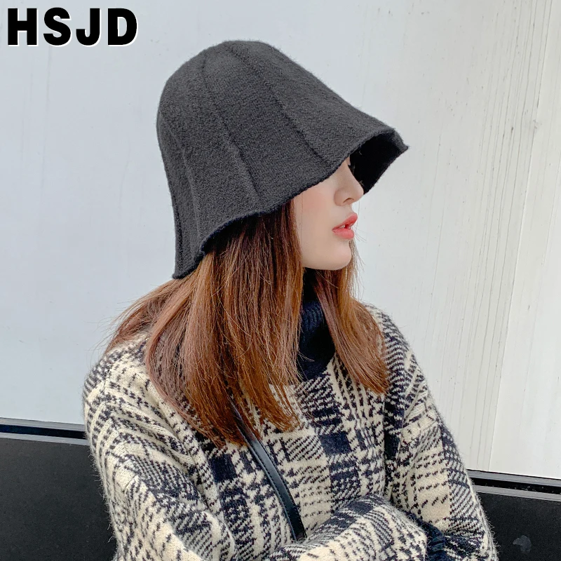 Solid Color Knitted Hats Vintage Bucket Hat Women's Autumn and Winter Fisherman Hat Fashion Skullies Casual Outdoor Female Cap