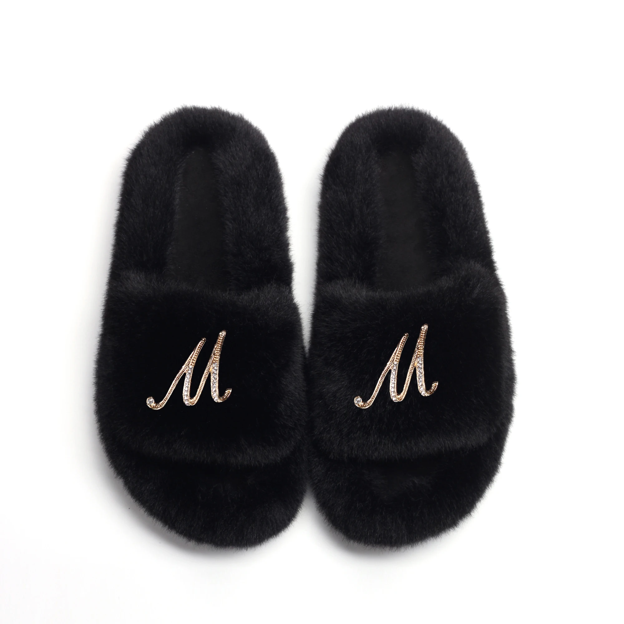 Fluffy Indoor Slippers Platform Slides Metal Letter M Faux Fur Flip Flops Flat Sandals Luxury Fall Slippers Designer Women Shoes