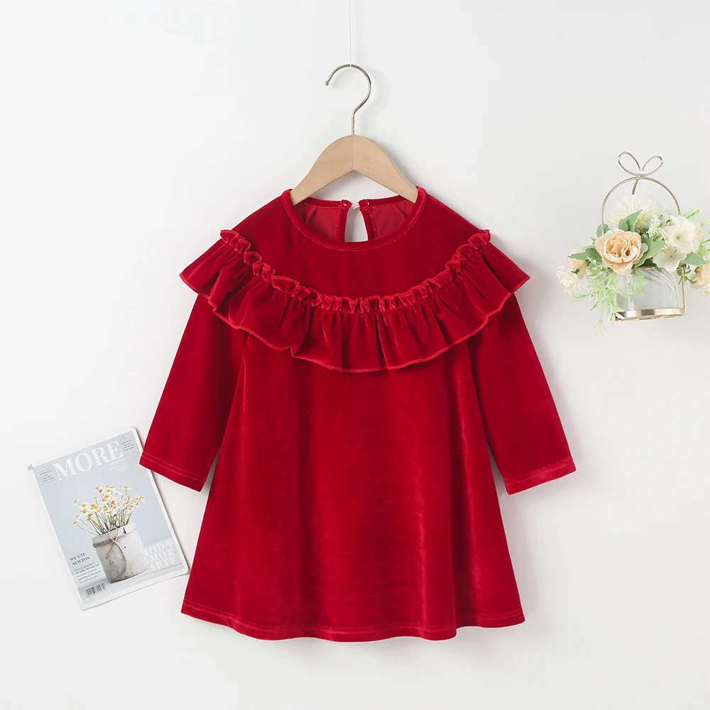 Зимнее Новое поступление 2021, платье для девочек с длинным рукавом, круглым вырезом и оборками, бордовое однотонное облегающее милое уличное...