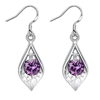 925 silver women hook drop earring purple cz zircon water drop fashion jewelry round crystal ladies ear decoration