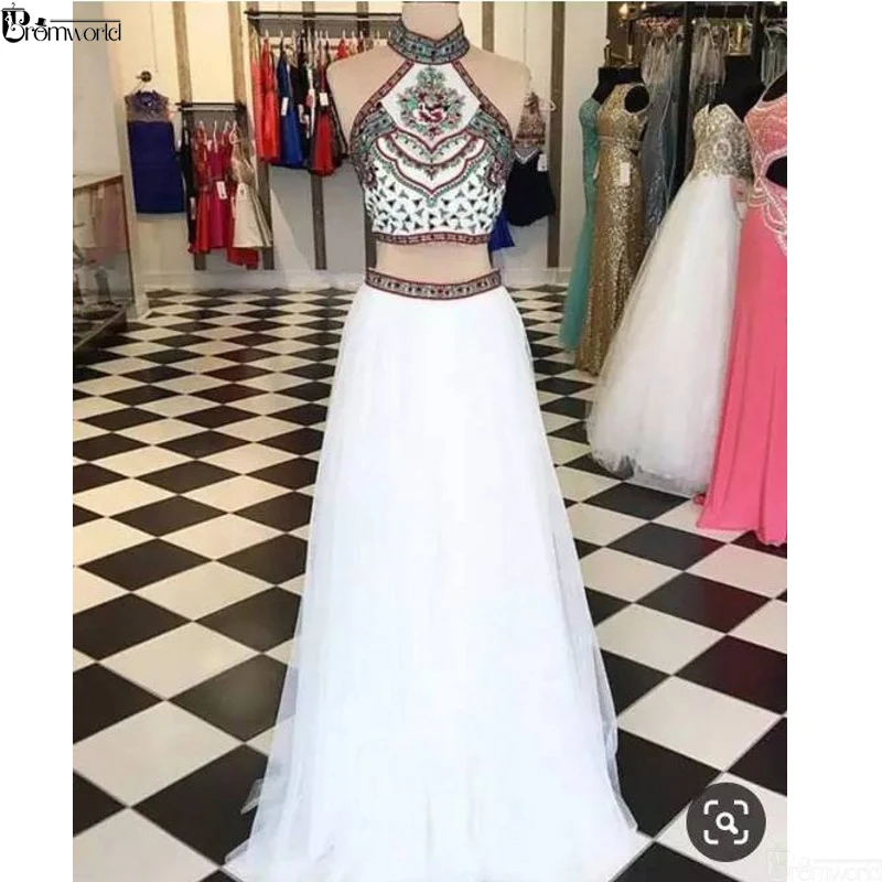 Vestido De Formatura белое платье для выпускного вечера es шифоновое платье с цветочной вышивкой и лямкой на шее ТРАПЕЦИЕВИДНОЕ ПЛАТЬЕ из двух частей для выпускного вечера