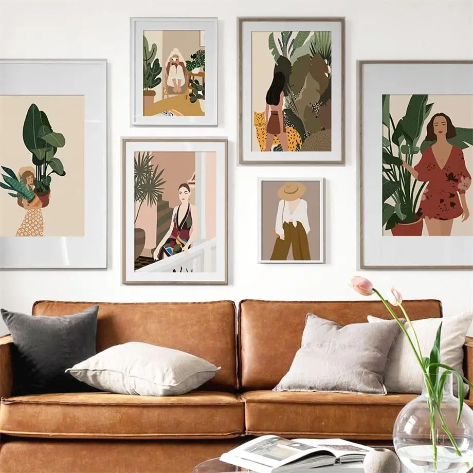 

Fashion Abstract Vintage Girl Plant Leaf Wall Art Canvas Painting For Living Room Decor Nordic Posters And Prints Wall Pictures