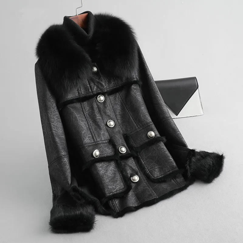

Women Fox Fur Collar Faux Leather Jacket Real Fur Coat Female Natural Rabbit Fur Coat Winter Jacket A298
