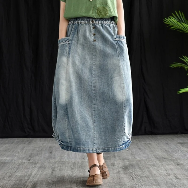

New Design Fashion Women Elastic Waist Medium Length Denim Skirts Literary Vintage Loose Fit Casual Button Bud Skirts Streetwear