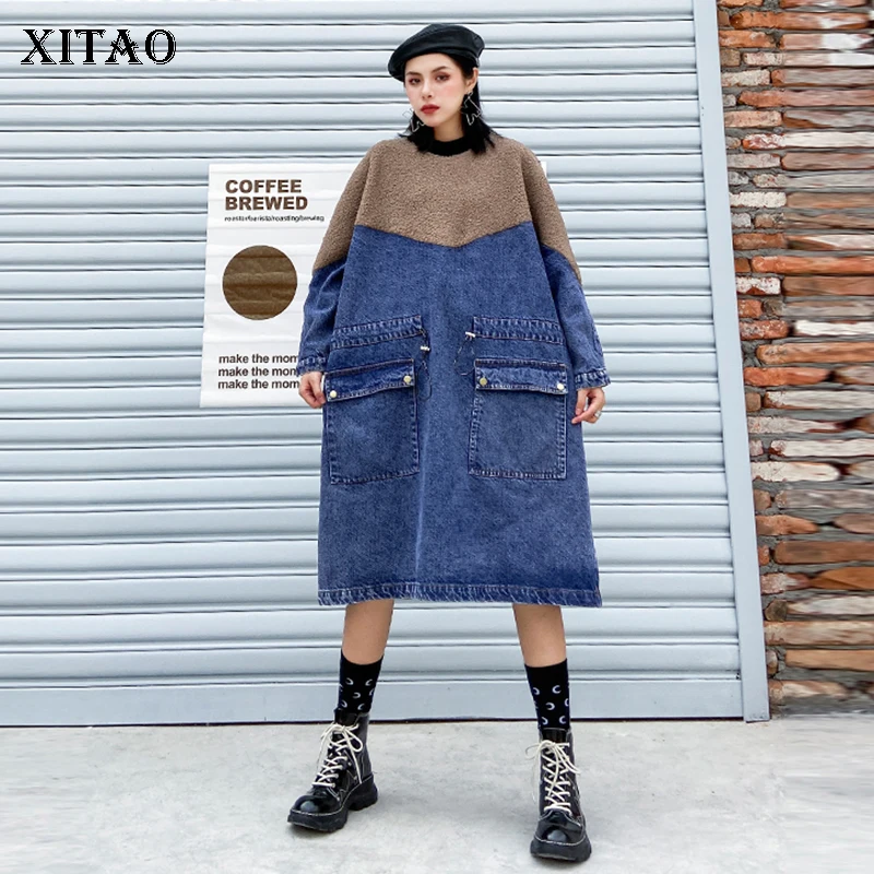 XITAO джинсовое повседневное бархатное платье пуловер в стиле пэчворк для женщин