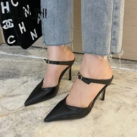 niufuni summer pointed high heels stiletto womens sandals buckle leather simple dress womens shoes hollow slip on slides shoes