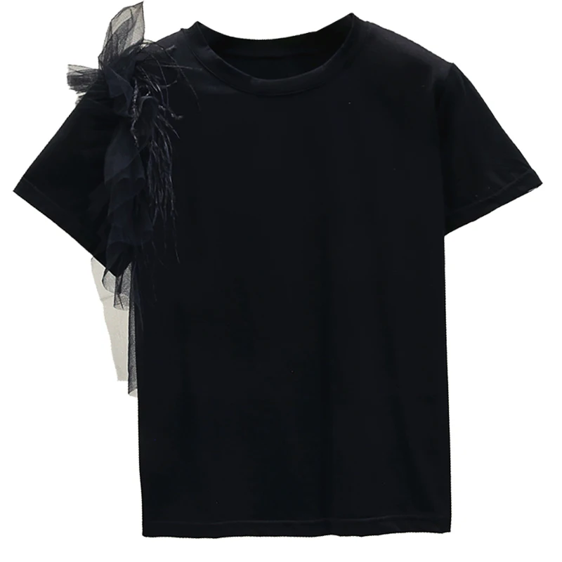 

2020 Summer Autumn New Cotton Tshirt Woman Feather Shoulder Loose Short Sleeved Round Neck White T-shirt Lady's T Shirts Top